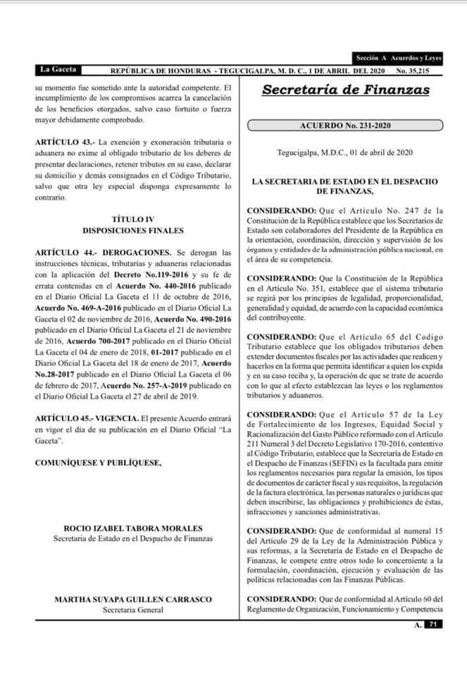 Acuerdo 231-2020 SAR Honduras página 1