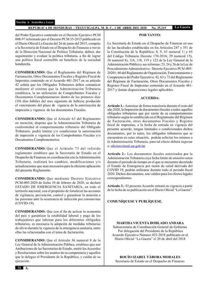 Acuerdo 231-2020 SAR Honduras página 2